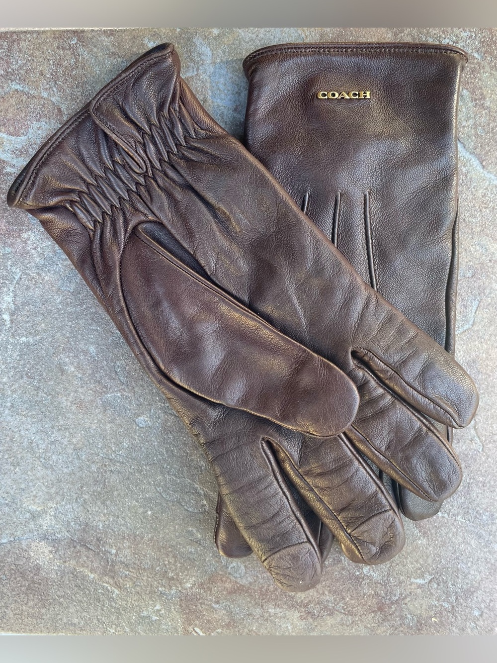 COACH Men's Maple Brown Leather Gloves with wrist COACH Logo - Size Large - Picture 3 of 6